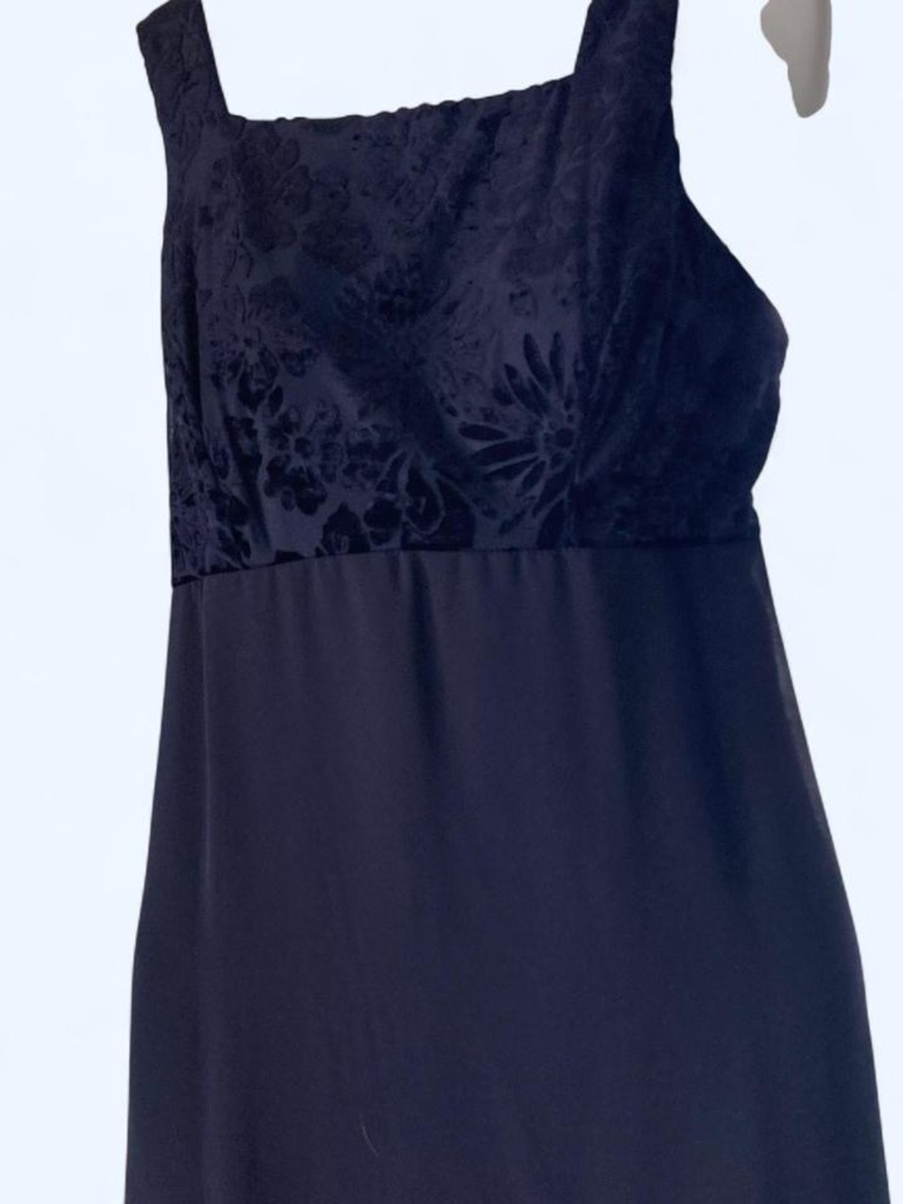 Rhapsody Navy blue velvet and chiffon dress with black floral embroidery. 10